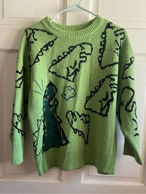 Green Graphic Knit Dinosaur Sweater - Casual Crewneck